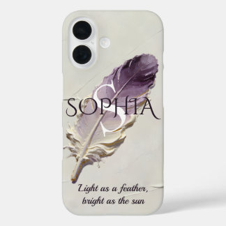 Funda iPhone 16 Monograma personalizado de pluma morada personaliz