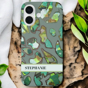 Funda iPhone 16 Monograma personalizado verde marrón abstracto cam