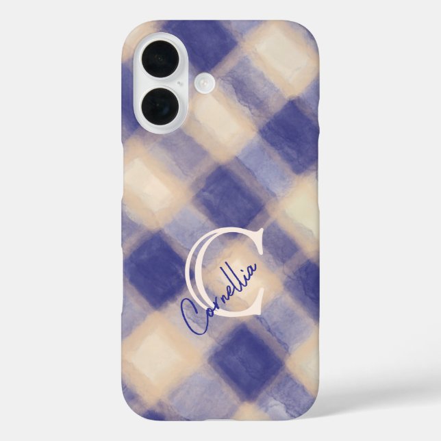 Funda iPhone 16 Monograma plaid gingham azul crema manuscrita (Reverso )