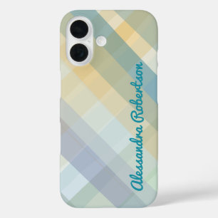 Funda iPhone 16 Monograma Plaid Pastel Azul Verde azulado Amarillo