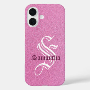 Funda iPhone 16 Monograma Purpurina rosa personalizado
