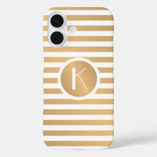 Funda iPhone 16 Monograma Rayas Doradas y Blancas