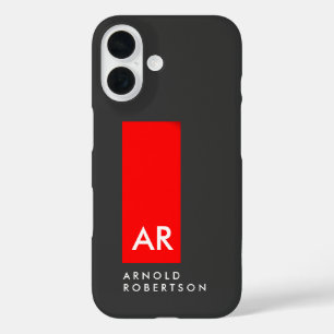 Funda iPhone 16 Monograma Rojo Gris Moderno Añadir nombre de reemp