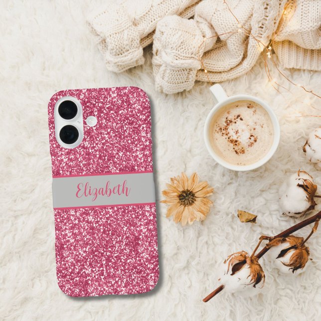 Funda iPhone 16 Monograma rosa brillo gris Glam tendencia Brillo (Pink Glitter Monogrammed Name iPhone 16, 15, 14, 13, 12 case.  Available in all current iPhone cases)