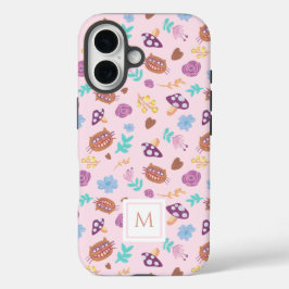 Funda iPhone 16 Monograma rosa con patrón de gato de Cheshire flor