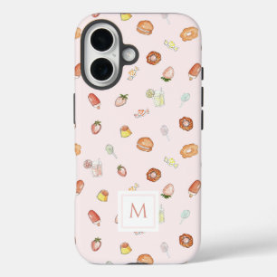 Funda iPhone 16 Monograma rosa con patrón de postre de color crudo