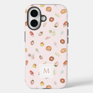 Funda iPhone 16 Monograma rosa con patrón de postre de color crudo
