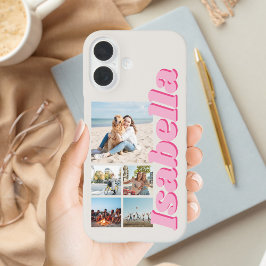 Funda iPhone 16 Monograma rosa moderno 5 Collage de fotos