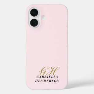 Funda iPhone 16 Monograma Rosa Pastel Dorado Negro Minimalista Ele