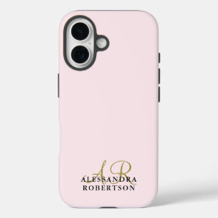 Funda iPhone 16 Monograma Rosa Pastel Minimalista Dorado Negro Ele