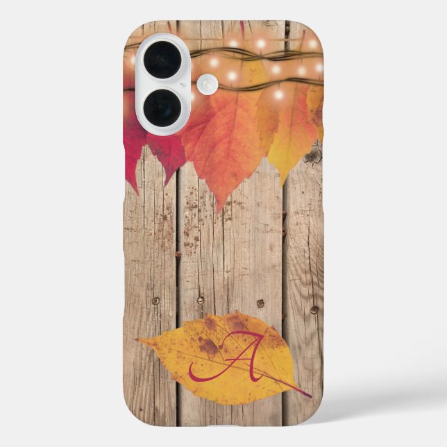Funda iPhone 16 Monograma Rústico Otoño Inicial Deja Luces Madera (Reverso )