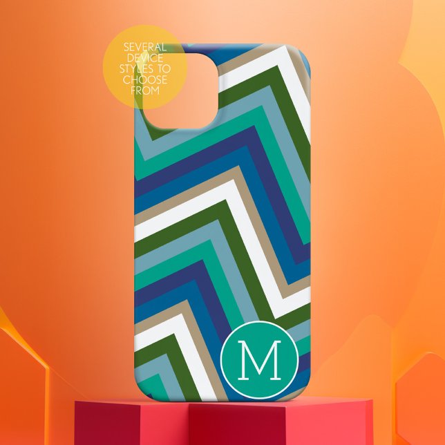 Funda iPhone 16 Monograma simple con patrón de cheurón verde azul (Personalized phone case)