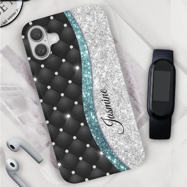 Funda iPhone 16 Monograma verde azulado negro de moda faux purpuri (Subido por el creador)