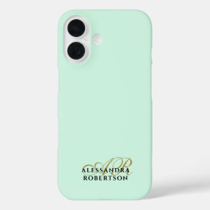 Funda iPhone 16 Monograma verde pastel Oro Negro Minimalista Simpl
