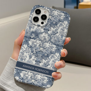 Funda iPhone 16 Monograma vintage floral damasco azul toile de jou