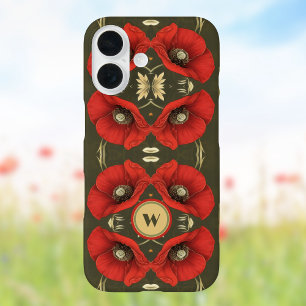 Funda iPhone 16 Monograma vintage oro rojo amapolas Art Nouveau