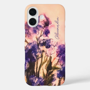 Funda iPhone 16 Monograma vintage rústico floral azul violeta verd
