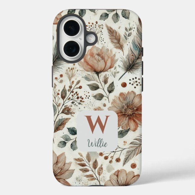 Funda iPhone 16 Monograma y nombre floral del boho personalizado (Reverso )
