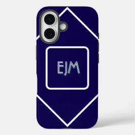 Funda iPhone 16 Monogramado de azul geométrico y blanco de moda