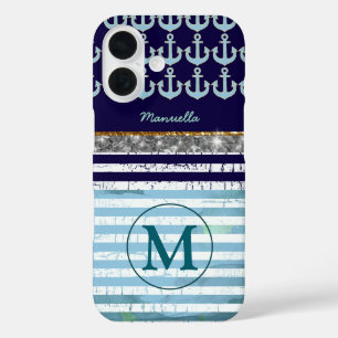 Funda iPhone 16 Monogramado de franjas de la Marina