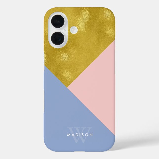 Funda iPhone 16 Monogramado de perwinkle rosa suave y oro falso (Reverso )