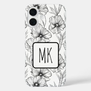 Funda iPhone 16 Monogramado floral blanco y negro moderno