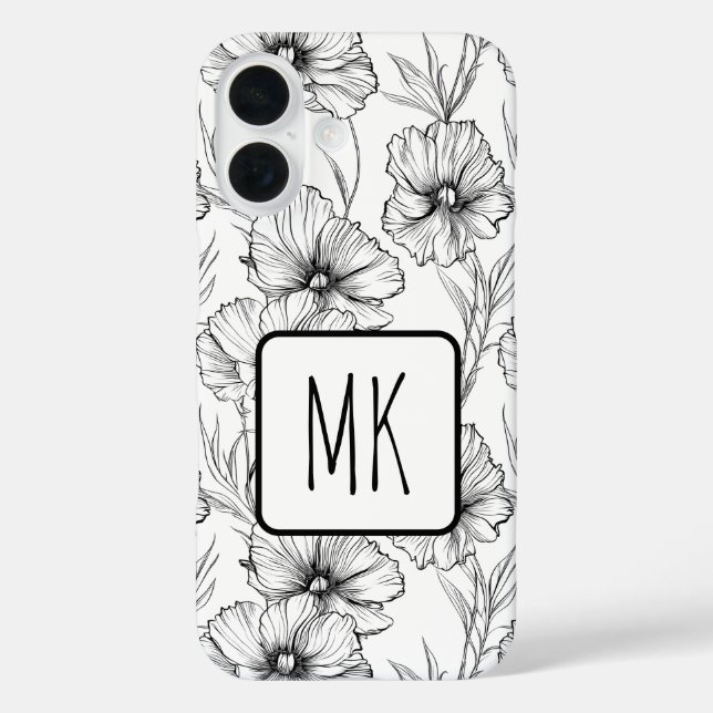 Funda iPhone 16 Monogramado floral blanco y negro moderno (Reverso )