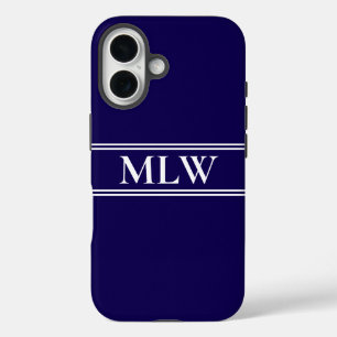 Funda iPhone 16 Monogramado simple azul oscuro y blanco