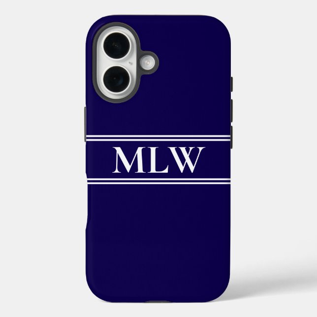 Funda iPhone 16 Monogramado simple azul oscuro y blanco (Reverso )