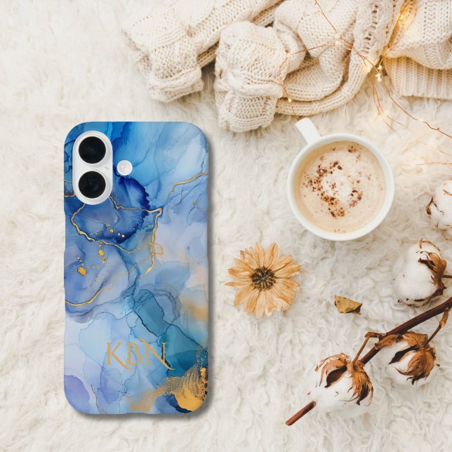 Funda iPhone 16 Monogramas Iniciales Acuarela Tinta Alcohol Oro Az (Blue Gold Alcohol ink Watercolor Wash Monogrammed Initials iPhone case )