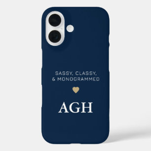 Funda iPhone 16 Monogramed Blue White Funny Typography Gold Heart