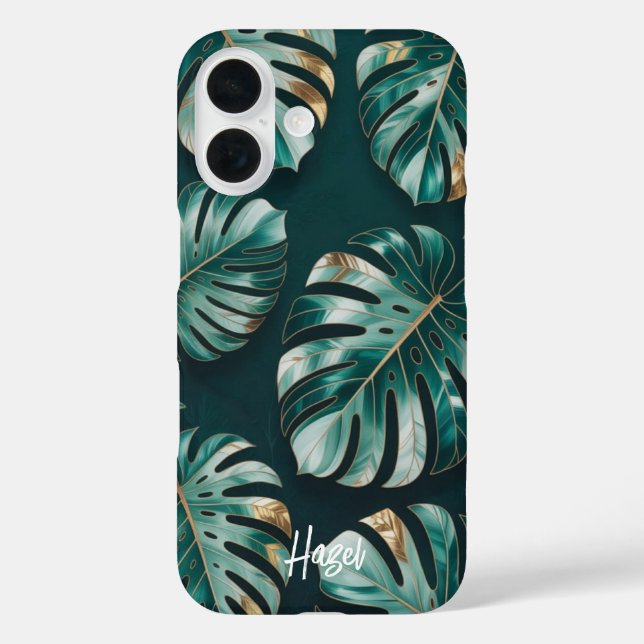 Funda iPhone 16 Monstera con hoja de oro botánico y nombre (Reverso )