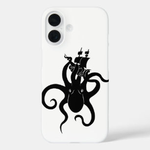 Funda iPhone 16 Monstruo marino: Kraken blanco y negro con barco