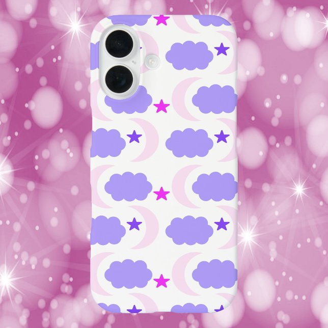 Funda iPhone 16 Moon Cloud Stars Dark Pink Pattern (A phone case with a moon, cloud and star pattern in various shades of purple.)