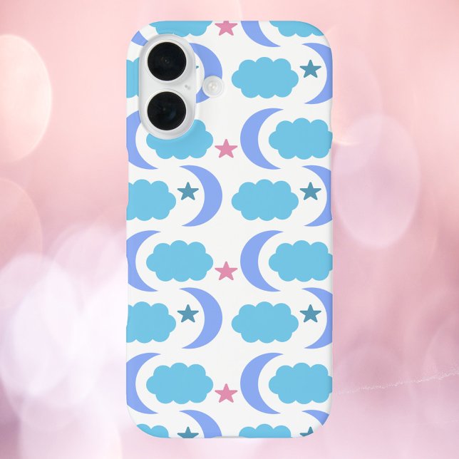 Funda iPhone 16 Moon Clouds Stars Pattern Blue Purple (A cell phone case with a pattern of purple moons, blue clouds and pink stars)