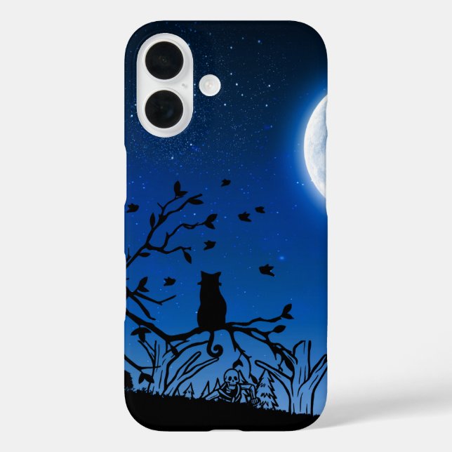 Funda iPhone 16 Moonlit Black Cat on Tree Silhouette (Reverso )