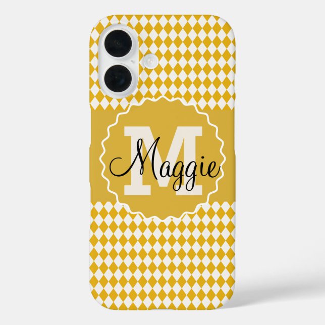 Funda iPhone 16 Mostaza de tablero de ajedrez y crema con monogram (Reverso )