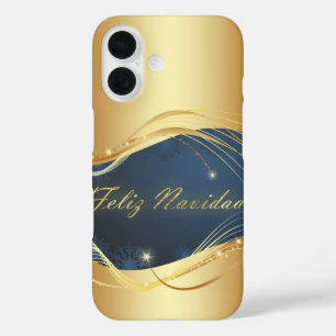 Funda iPhone 16 Motivo navideño dorado con fondo azul...