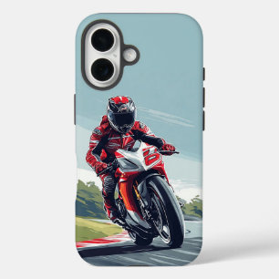 Funda iPhone 16 Motociclista conduciendo una moto deportiva en una