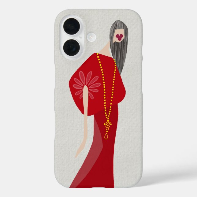 Funda iPhone 16 Mujer de rojo escarlata estilo glam moda arte (Reverso )