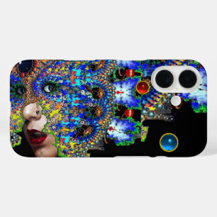 Funda iPhone 16 MUJER EFEMERAL / Máscara Fractal colorida,Gemas