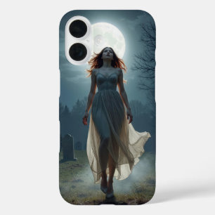 Funda iPhone 16 Mujer Hermosa Caminando en un Cementerio Iluminado