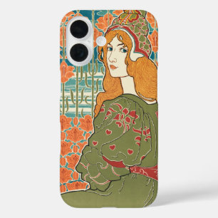 Funda iPhone 16 Mujer pelirroja lirios naranjas impresión de arte