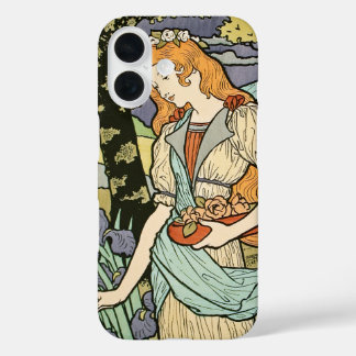 Funda iPhone 16 Mujer pelirroja recogiendo flores Art Nouveau