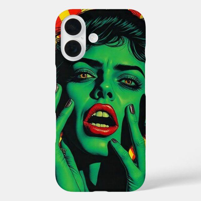 Funda iPhone 16 Mujer verde al estilo del arte pop. (Reverso )