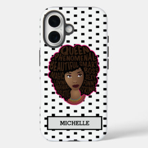 Funda iPhone 16 Mujeres negras motivadoras, puntos de polka blanco