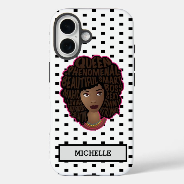 Funda iPhone 16 Mujeres negras motivadoras, puntos de polka blanco (Reverso )