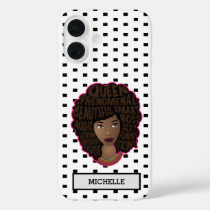 Funda iPhone 16 Mujeres negras motivadoras, puntos de polka blanco