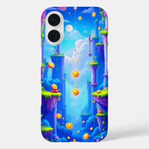 Funda iPhone 16 Mundo de píxeles coloridos con monedas de platafor