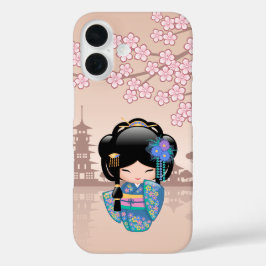 Funda iPhone 16 Muñeca Keiko Kokeshi - Chica de Kimono azul Geisha